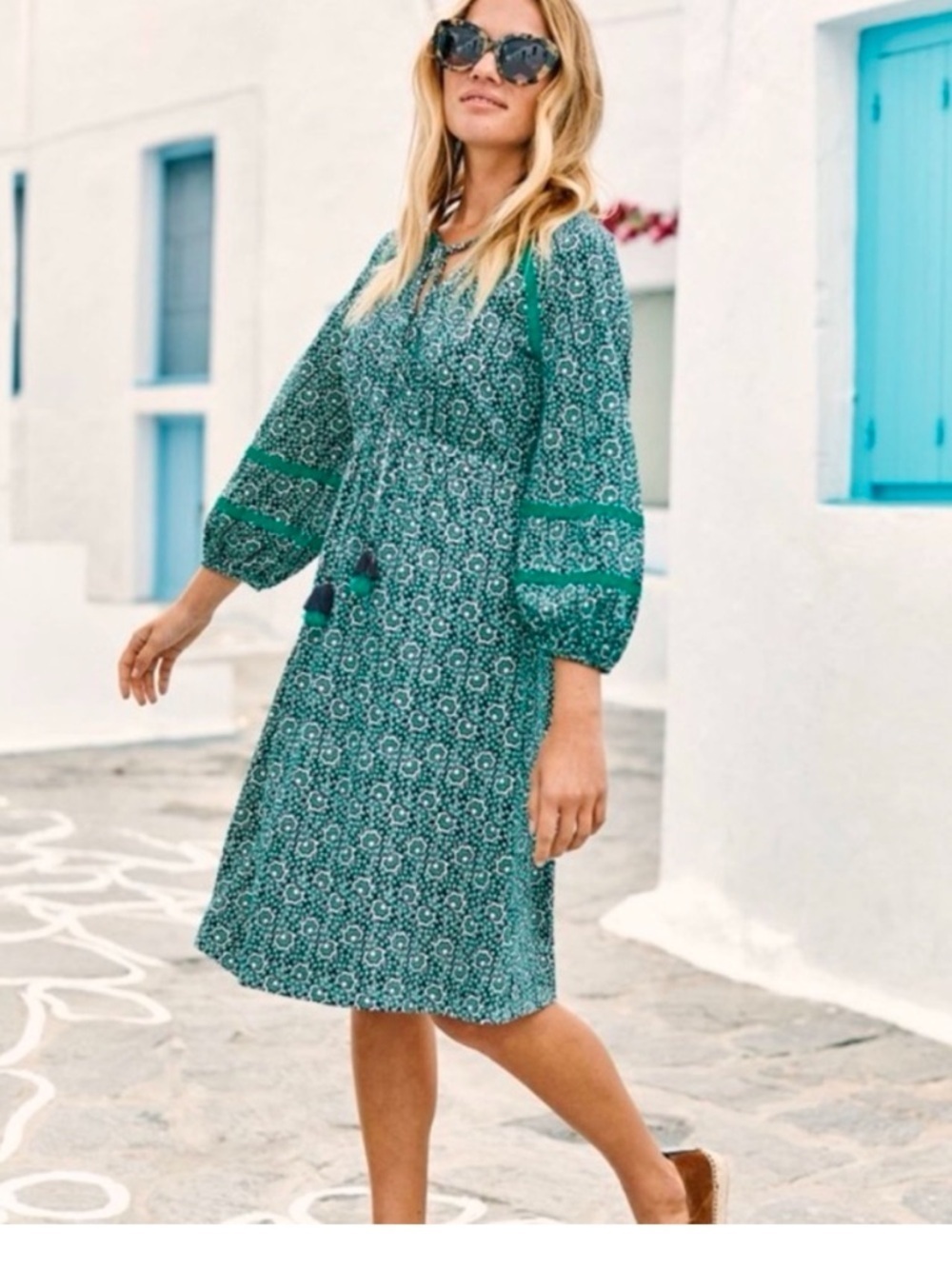 Anthropologie Boden Heidi Jersey teal Green Printed Midi Dress 10R